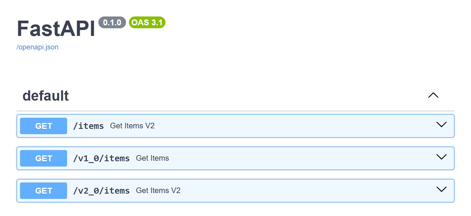 Swagger UI at /docs, listing GET /items, GET /v1_0/items and GET /v2_0/items