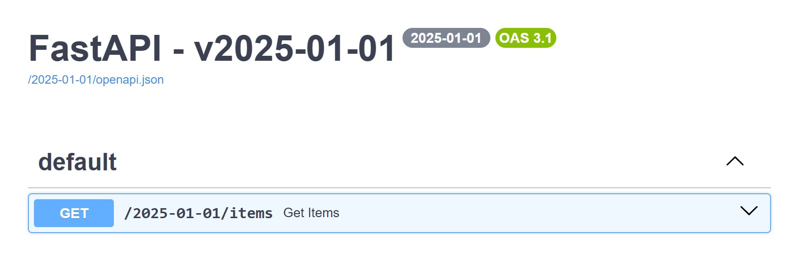 Swagger UI at /2025-01-01/docs, listing GET /2025-01-01/items