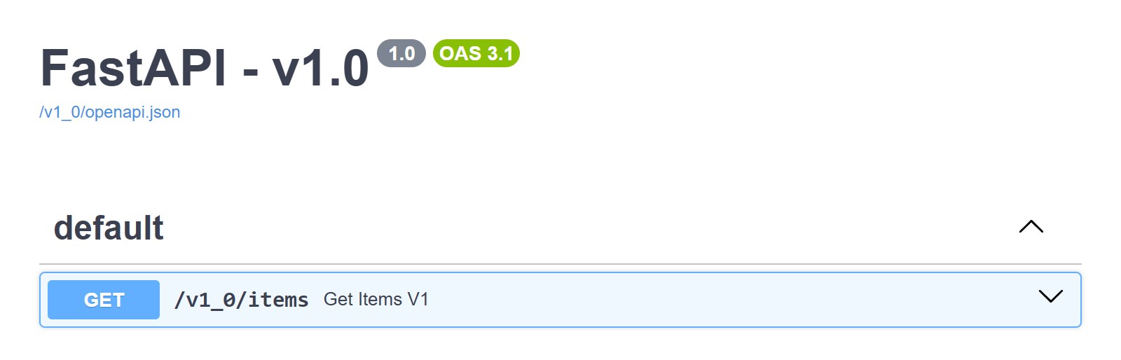 Swagger UI at /v1_0/docs, listing only GET /v1_0/items