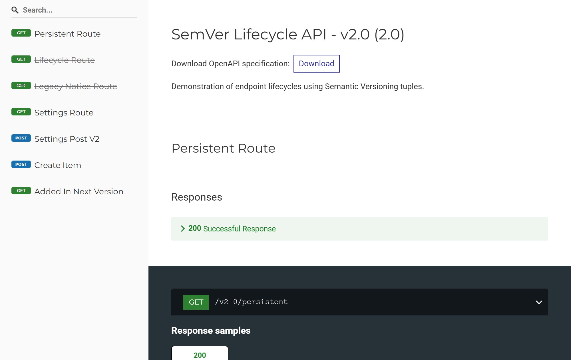 ReDoc of version 2.0, with the deprecated routes struck through in the sidebar