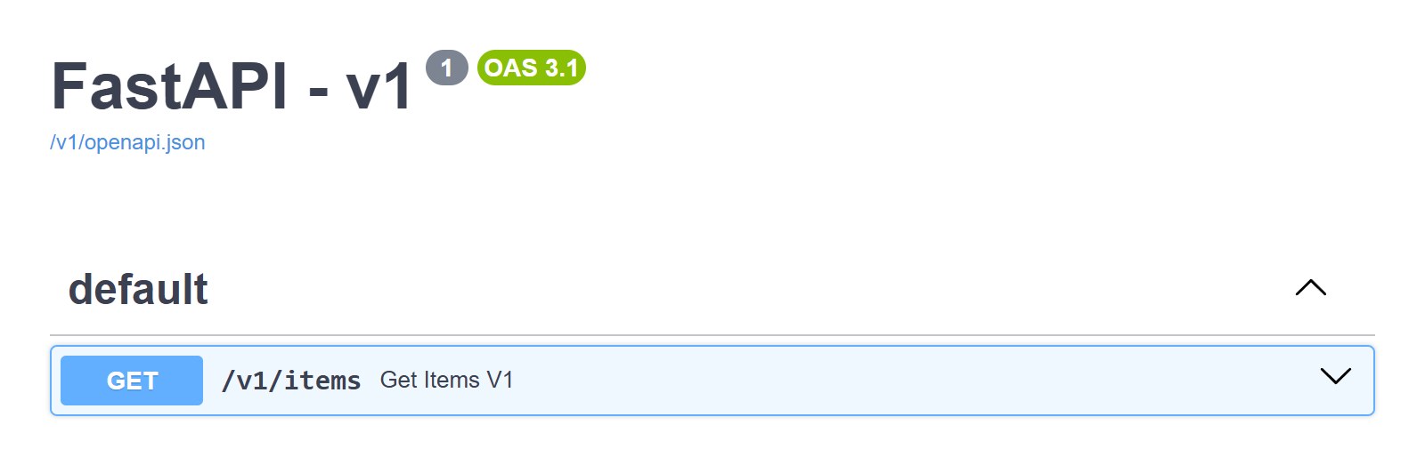 Swagger UI at /v1/docs, titled v1 and listing GET /v1/items